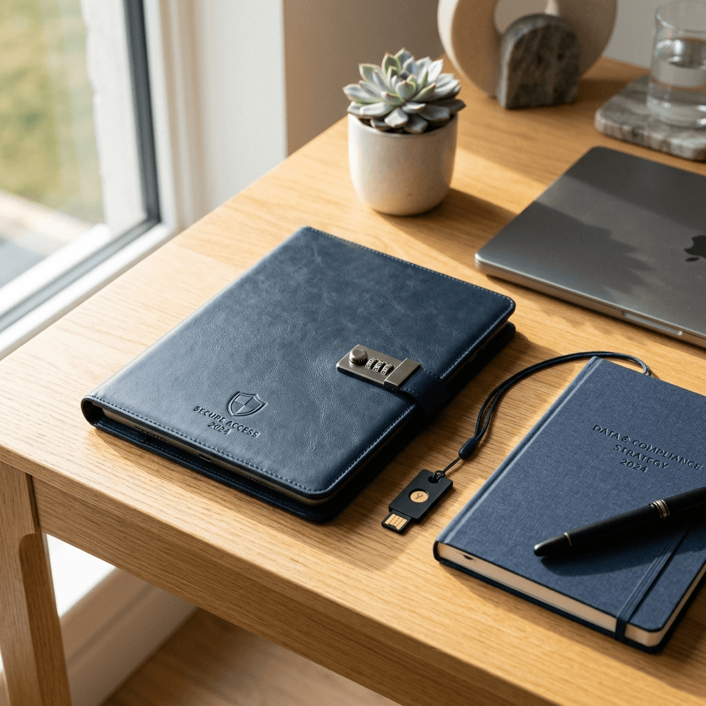 Sleek secure tablet and notebook representing data protection policies